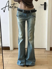 Aiertu Women Gyaru Japanese Harajuku Y2K Streetwear Low Rise Flare Denim Pants Jeans 2000s Vintage Bell-Bottom Trousers Kpop Goth Tide Aiertu