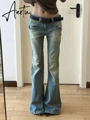 Aiertu Women Gyaru Japanese Harajuku Y2K Streetwear Low Rise Flare Denim Pants Jeans 2000s Vintage Bell-Bottom Trousers Kpop Goth Tide Aiertu