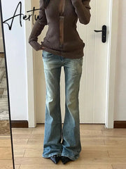Aiertu Women Gyaru Japanese Harajuku Y2K Streetwear Low Rise Flare Denim Pants Jeans 2000s Vintage Bell-Bottom Trousers Kpop Goth Tide Aiertu