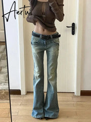 Aiertu Women Gyaru Japanese Harajuku Y2K Streetwear Low Rise Flare Denim Pants Jeans 2000s Vintage Bell-Bottom Trousers Kpop Goth Tide Aiertu