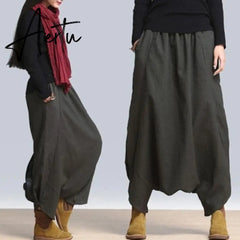 Aiertu Women Harem Pants Trousers Boho Mid Waist Pants Women Solid Check Pants Baggy Wide Leg Casual Capris Aiertu