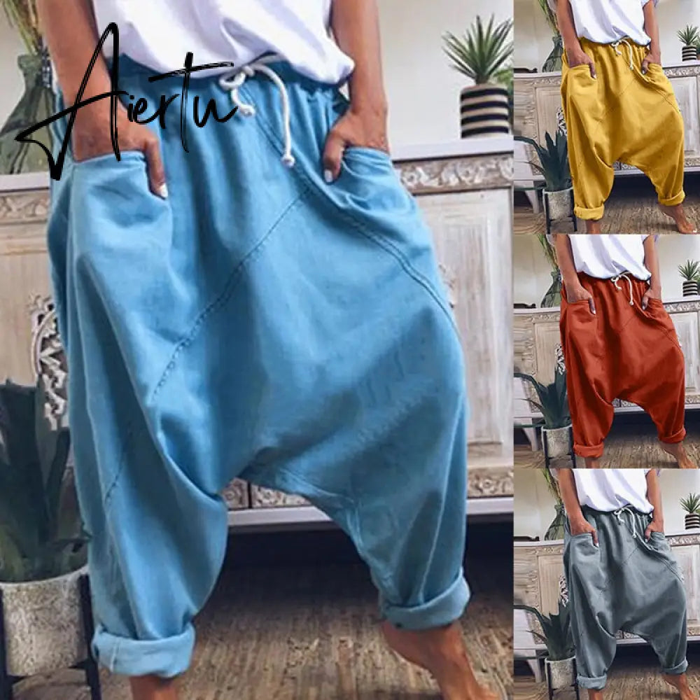 Aiertu Women Harem Pants Trousers Boho Mid Waist Pants Women Solid Check Pants Baggy Wide Leg Casual Capris Aiertu