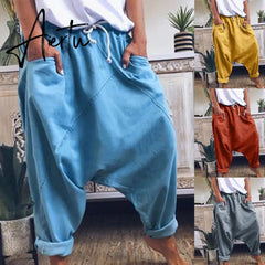 Aiertu Women Harem Pants Trousers Boho Mid Waist Pants Women Solid Check Pants Baggy Wide Leg Casual Capris Aiertu