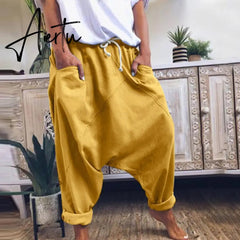 Aiertu Women Harem Pants Trousers Boho Mid Waist Pants Women Solid Check Pants Baggy Wide Leg Casual Capris Aiertu