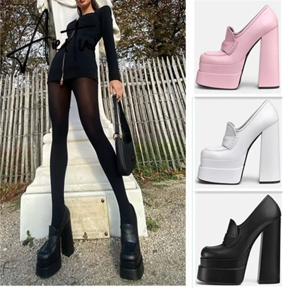 Aiertu Women High Heel Platform Hoof Heels Loafers Women Pumps New Square Toe Fashion Shoes Plus Size Shoes Sexy Dress Shoes Aiertu