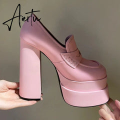 Aiertu Women High Heel Platform Hoof Heels Loafers Women Pumps New Square Toe Fashion Shoes Plus Size Shoes Sexy Dress Shoes Aiertu