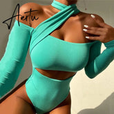 Aiertu Women Jumpsuit Fashion Sexy Hollow Out Long Sleeve Bodysuit Fall Clothes for Women Bandage Party Club Wear Outfits Aiertu