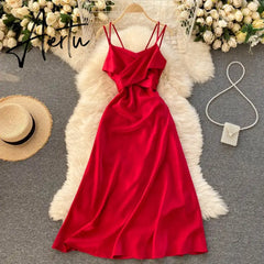 Aiertu Women Korean Strap Dress Sexy V Neck Sleeveless Elegant Solid Party Dress Summer Off Shoulder A-line Beach Midi Dress Aiertu