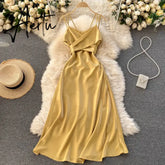 Aiertu Women Korean Strap Dress Sexy V Neck Sleeveless Elegant Solid Party Dress Summer Off Shoulder A-line Beach Midi Dress Aiertu