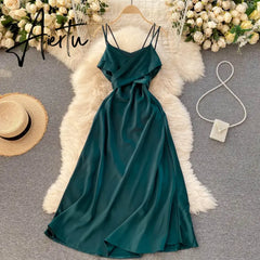 Aiertu Women Korean Strap Dress Sexy V Neck Sleeveless Elegant Solid Party Dress Summer Off Shoulder A-line Beach Midi Dress Aiertu