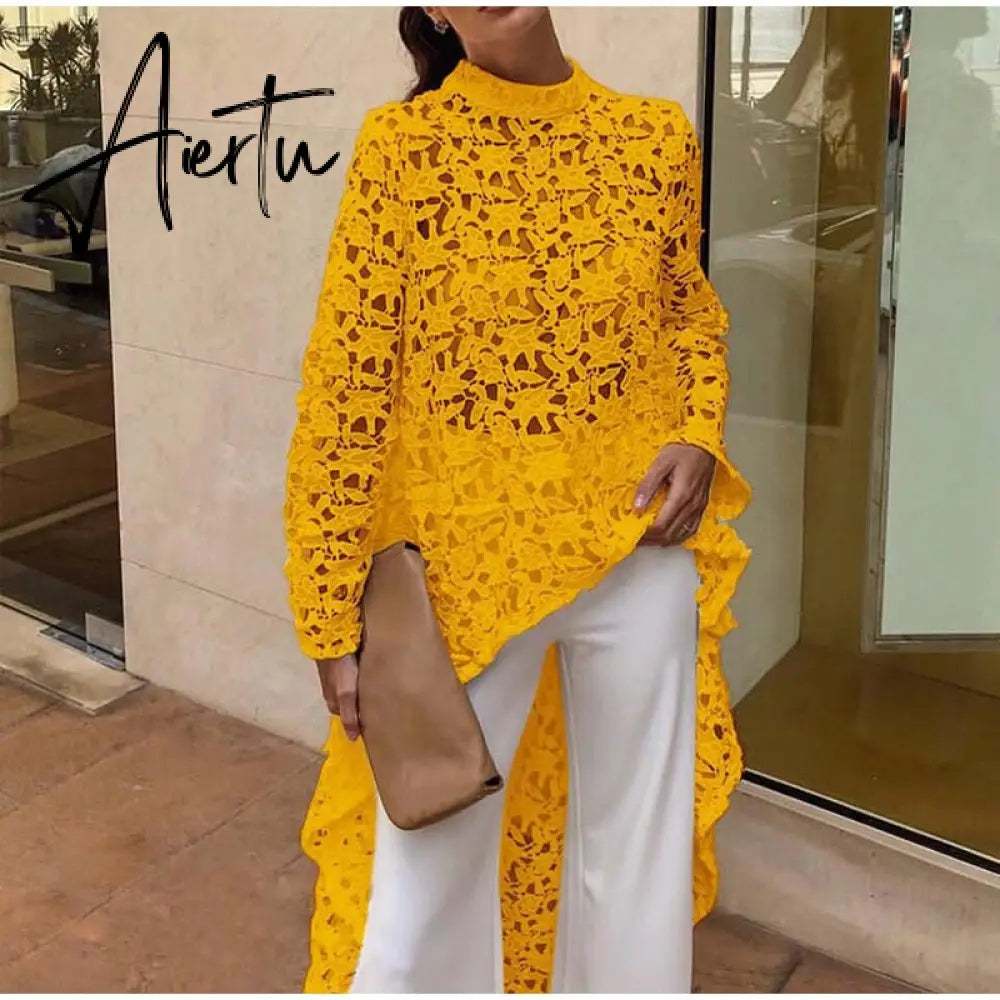 Aiertu Women Lace Hollow Out Shirts Long Sleeve Irregular Stand Collar Female Loose Blouses Summer Lady Elegant Solid Beach Tops Aiertu