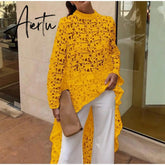 Aiertu Women Lace Hollow Out Shirts Long Sleeve Irregular Stand Collar Female Loose Blouses Summer Lady Elegant Solid Beach Tops Aiertu