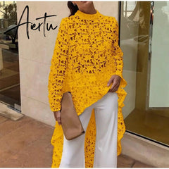 Aiertu Women Lace Hollow Out Shirts Long Sleeve Irregular Stand Collar Female Loose Blouses Summer Lady Elegant Solid Beach Tops Aiertu