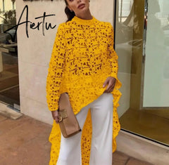 Aiertu Women Lace Hollow Out Shirts Long Sleeve Irregular Stand Collar Female Loose Blouses Summer Lady Elegant Solid Beach Tops Aiertu