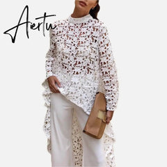 Aiertu Women Lace Hollow Out Shirts Long Sleeve Irregular Stand Collar Female Loose Blouses Summer Lady Elegant Solid Beach Tops Aiertu
