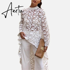 Aiertu Women Lace Hollow Out Shirts Long Sleeve Irregular Stand Collar Female Loose Blouses Summer Lady Elegant Solid Beach Tops Aiertu