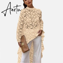 Aiertu Women Lace Hollow Out Shirts Long Sleeve Irregular Stand Collar Female Loose Blouses Summer Lady Elegant Solid Beach Tops Aiertu