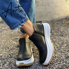 Aiertu Women Leather Boots Round Toe Side Zipper White Bottom Ladies Platform Shoes Solid Color Daily Walking Female Ankle booties Aiertu