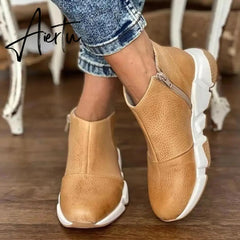 Aiertu Women Leather Boots Round Toe Side Zipper White Bottom Ladies Platform Shoes Solid Color Daily Walking Female Ankle booties Aiertu