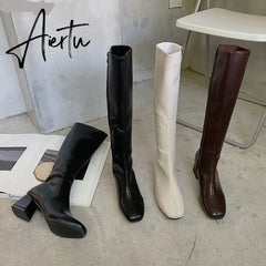 Aiertu Women Long Boots Woman Knee High Booties Ladies Shoes Platform Square Heel PU Leather Soft Zipper Woman Fashion Autumn Aiertu