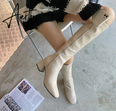Aiertu Women Long Boots Woman Knee High Booties Ladies Shoes Platform Square Heel PU Leather Soft Zipper Woman Fashion Autumn Aiertu