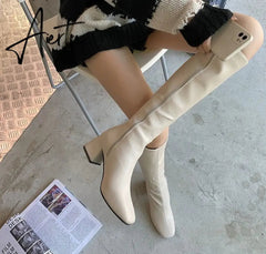 Aiertu Women Long Boots Woman Knee High Booties Ladies Shoes Platform Square Heel PU Leather Soft Zipper Woman Fashion Autumn Aiertu