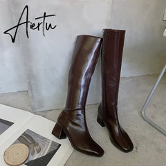 Aiertu Women Long Boots Woman Knee High Booties Ladies Shoes Platform Square Heel PU Leather Soft Zipper Woman Fashion Autumn Aiertu