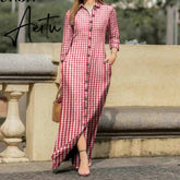 Aiertu Women Long Sleeve Long Maxi Dress Summer Vintage Checked Plaid Turn Down Neck Shirt Dresses Button Up Party Vestidos Robe Aiertu