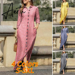 Aiertu Women Long Sleeve Long Maxi Dress Summer Vintage Checked Plaid Turn Down Neck Shirt Dresses Button Up Party Vestidos Robe Aiertu