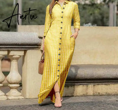 Aiertu Women Long Sleeve Long Maxi Dress Summer Vintage Checked Plaid Turn Down Neck Shirt Dresses Button Up Party Vestidos Robe Aiertu