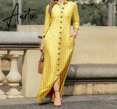 Aiertu Women Long Sleeve Long Maxi Dress Summer Vintage Checked Plaid Turn Down Neck Shirt Dresses Button Up Party Vestidos Robe Aiertu