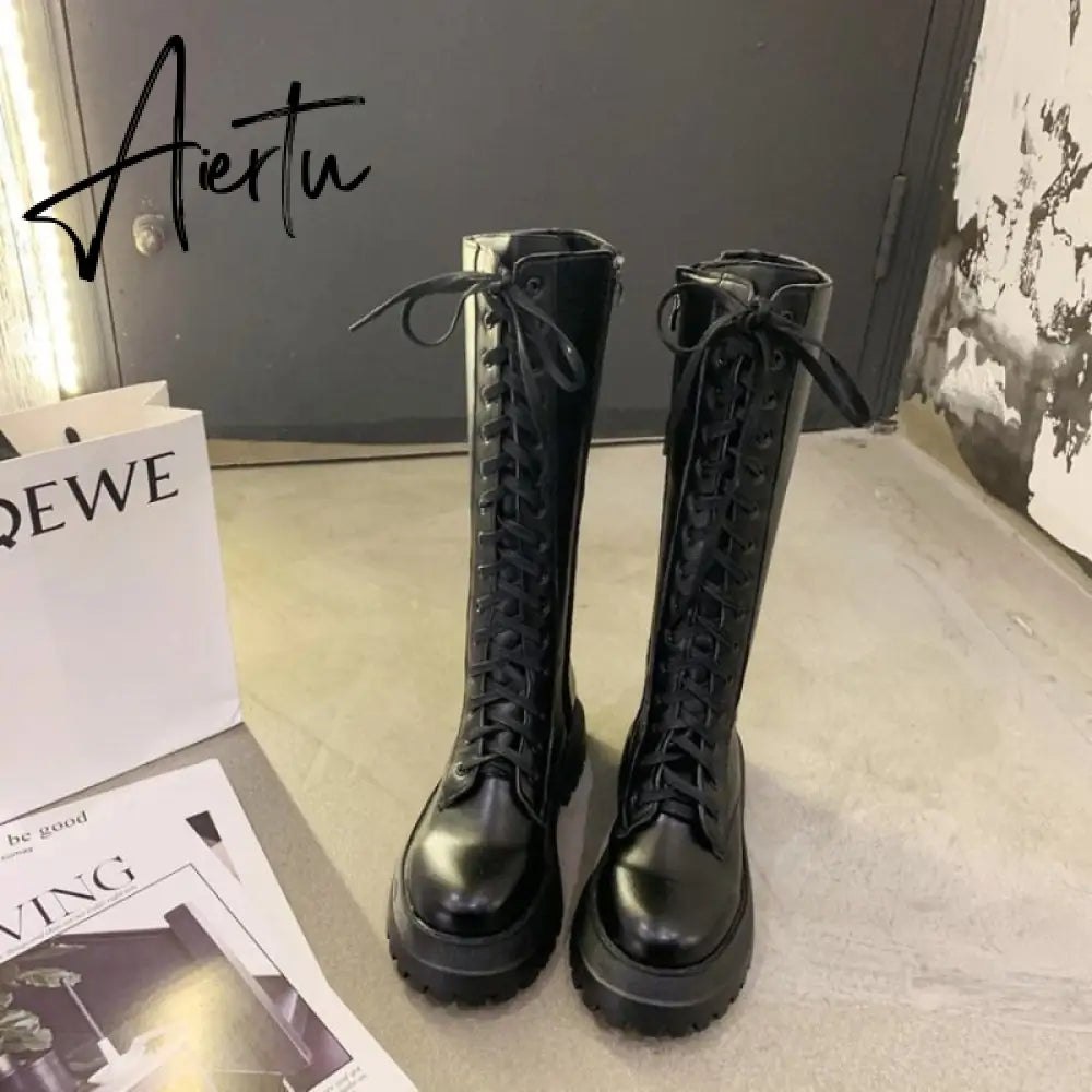 Aiertu Women Motorcycle Boots Wedges Flat Shoes Woman High Heel Platform PU Leather Boots Lace Up Women Shoes Black Boots Girls Aiertu