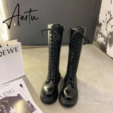 Aiertu Women Motorcycle Boots Wedges Flat Shoes Woman High Heel Platform PU Leather Boots Lace Up Women Shoes Black Boots Girls Aiertu