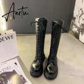 Aiertu Women Motorcycle Boots Wedges Flat Shoes Woman High Heel Platform PU Leather Boots Lace Up Women Shoes Black Boots Girls Aiertu