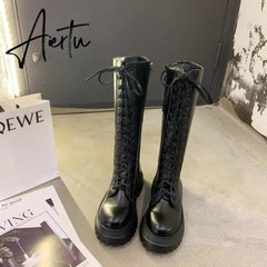 Aiertu Women Motorcycle Boots Wedges Flat Shoes Woman High Heel Platform PU Leather Boots Lace Up Women Shoes Black Boots Girls Aiertu