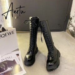 Aiertu Women Motorcycle Boots Wedges Flat Shoes Woman High Heel Platform PU Leather Boots Lace Up Women Shoes Black Boots Girls Aiertu