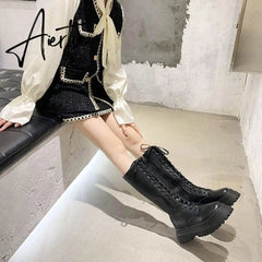 Aiertu Women Motorcycle Boots Wedges Flat Shoes Woman High Heel Platform PU Leather Boots Lace Up Women Shoes Black Boots Girls Aiertu