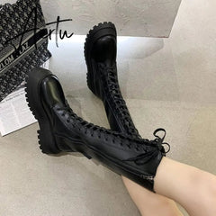 Aiertu Women Motorcycle Boots Wedges Flat Shoes Woman High Heel Platform PU Leather Boots Lace Up Women Shoes Black Boots Girls Aiertu