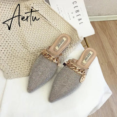 Aiertu Women Mules Luxury Flats Fashion Loafers Designer Shoes Summer Slippers Pointed Toe Slides Slip on Wedding Casual Ladies Sandals Aiertu
