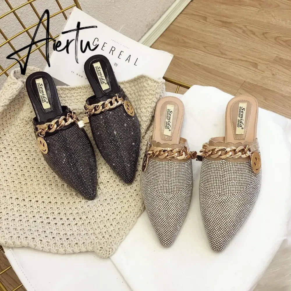 Aiertu Women Mules Luxury Flats Fashion Loafers Designer Shoes Summer Slippers Pointed Toe Slides Slip on Wedding Casual Ladies Sandals Aiertu