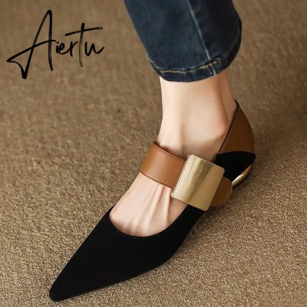 Aiertu Women Nature Suede High Thick Heels SmallHut New 2023 Spring Black Apricot Square Toe Pumps Elegant Lady Metal Decoration Shoes Aiertu