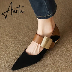 Aiertu Women Nature Suede High Thick Heels SmallHut New 2023 Spring Black Apricot Square Toe Pumps Elegant Lady Metal Decoration Shoes Aiertu