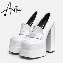Aiertu Women New High Waterproof Heels Pumps Square Toe Genuine Leather Platform Slip-On Shoes Lady Casual Sexy Shoes Big Size 34-43 Aiertu