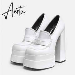 Aiertu Women New High Waterproof Heels Pumps Square Toe Genuine Leather Platform Slip-On Shoes Lady Casual Sexy Shoes Big Size 34-43 Aiertu