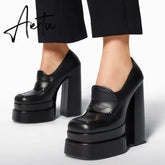 Aiertu Women New High Waterproof Heels Pumps Square Toe Genuine Leather Platform Slip-On Shoes Lady Casual Sexy Shoes Big Size 34-43 Aiertu