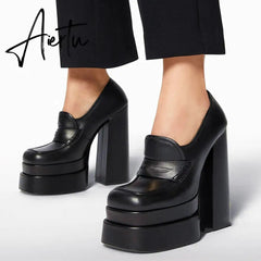 Aiertu Women New High Waterproof Heels Pumps Square Toe Genuine Leather Platform Slip-On Shoes Lady Casual Sexy Shoes Big Size 34-43 Aiertu