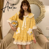 Aiertu Women Pajama Sets Summer Oversized Cotton Cute Short Sleeve Home Suits Korean Women's Homewear 2 Piece Set Sleepwear Pijama New Aiertu