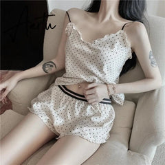 Aiertu Women Pajamas 2Pcs New Summer Sexy V-Neck Sweet Vest Shorts Homewear Girls Suit Wave Point Pajamas Ladies Sleepwear Lingerie Aiertu