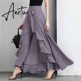 Aiertu Women Palazzo Pants Causal Ruffle Drawstring Trouser Elegant High Waist Irregular Loose Pure Color Autumn Female Pant Skirt Aiertu