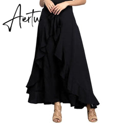 Aiertu Women Palazzo Pants Causal Ruffle Drawstring Trouser Elegant High Waist Irregular Loose Pure Color Autumn Female Pant Skirt Aiertu